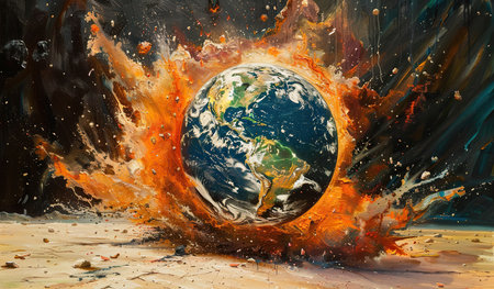The painting depicts the earth shattering into numerous fragments, with fiery explosions and debris flying in all directions. The powerful force of the explosion is evident as the once whole planet is torn apart.の素材