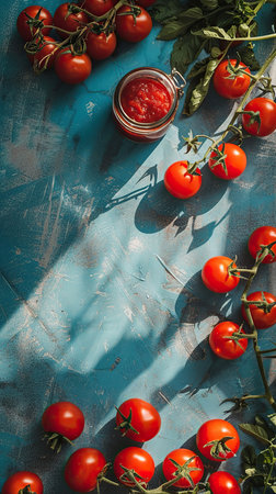 Fresh, vibrant tomatoes are displayed alongside a jar of rich tomato sauce on a bright blue surface.の素材