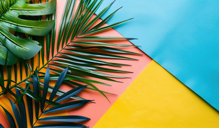 A tropical plant with large green leaves stands out against a vibrant multicolored background. The plants intricate patterns and rich colors contrast beautifully with the colorful backdrop, creating a visually striking composition.の素材
