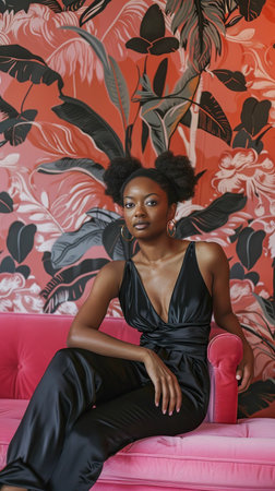 A poised woman with two puffs hairstyle is seated on a vibrant pink sofa, her elegant black dress contrasting with the bold tropical leaf patterned wallpaper in the background. Her expression is confident and serene, as she poses for the portrait with a subtle yet captivating charm.の素材
