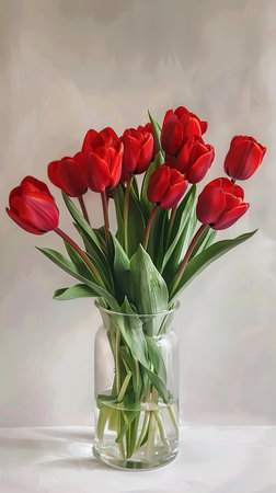 A vase filled with vibrant red flowers sits atop a wooden table. The red petals contrast beautifully against the green leaves, creating a striking visual centerpiece in the room.の素材