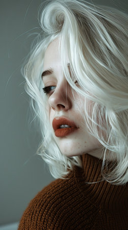 A woman with striking white hair and bold orange lipstick stands confidently. Her unique appearance commands attention, showcasing a bold sense of style.の素材