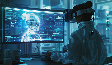 A person dressed in a white suit and head covering is using a computer. They are focused on the screen, typing and interacting with the device in a professional setting.の素材