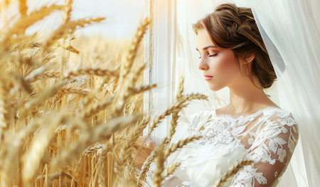 A woman in a white wedding dress stands tall amidst a vast field of golden wheat, the fabric gently sweeping in the breeze. The contrast between the elegant attire and rustic setting creates a striking visual tableau.の素材