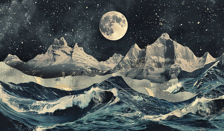 A painting depicting majestic mountains under a full moon, with the moon casting a soft glow on the rugged slopes and valleys. The scene captures the stillness of the night.の素材