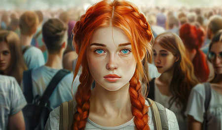 A young girl with fiery red hair and striking blue eyes is portrayed. Her gaze is intense, capturing the viewers attention. The intricate details of her features are beautifully depicted, bringing her to life on the canvas.の素材