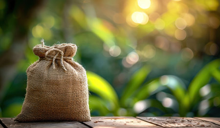 A rustic burlap sack is tied and sits upright on an old wooden table, with a softly blurred natural green backdrop illuminated by the warm, golden light of a setting sun.の素材