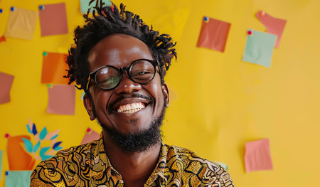 A man wearing glasses smiles while standing in front of a vibrant yellow background. His expression exudes happiness and warmth as he poses for the camera.の素材