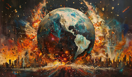The painting depicts the Earth engulfed in flames and smoke, symbolizing destruction and chaos. The fiery elements contrast starkly with the image of our planet, highlighting the impact of environmental issues.の素材