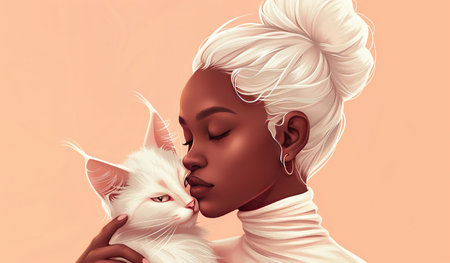 A painting depicting a woman standing while holding a white cat in her arms. The woman is looking directly at the viewer with a serene expression, while the cat is gazing curiously. The background is simple, allowing the focus to remain on the woman and the cat.の素材