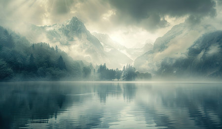 The painting depicts a vast lake nestled amidst towering mountains. The clear blue waters of the lake reflect the surrounding peaks. Lush greenery lines the shores, adding to the picturesque scene.の素材