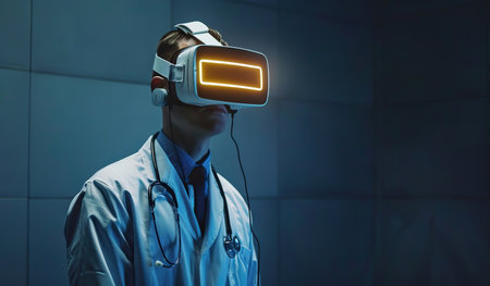 A man in a lab coat is seen wearing a virtual reality headset, deeply immersed in an interactive digital environment. He appears focused and engaged, potentially conducting research or experiments.の素材