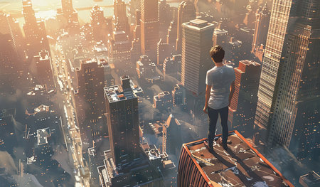 A man standing confidently on the edge of a skyscraper, overlooking the cityscape below. He small appears against the vast expanse of sky and urban landscape.の素材