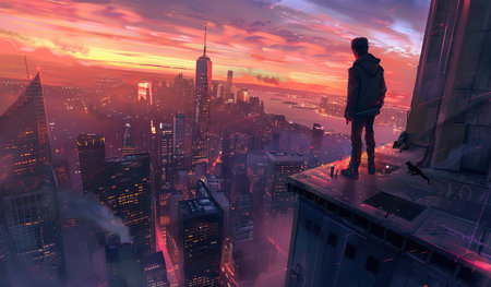 A person is standing on top of a tall building, overlooking the city below. The individual appears confident and observant as they take in the urban landscape from a high vantage point.の素材