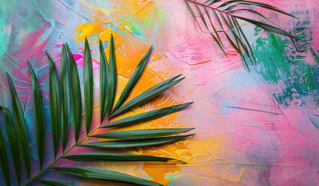 This painting showcases detailed palm leaves against a vibrant, multicolored background. The leaves are prominently featured, displaying their intricate textures and shapes.の素材