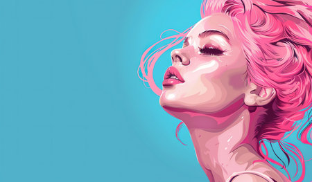 This painting depicts a woman with vibrant pink hair, her gaze focused and posture confident. The artist skillfully captured the boldness of the pink hair against a neutral background.の素材