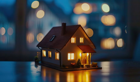 A small house with a single lit up window standing out in the dark, casting a warm glow on the surroundings. The house appears cozy and inviting, contrasting with the dark night sky.の素材