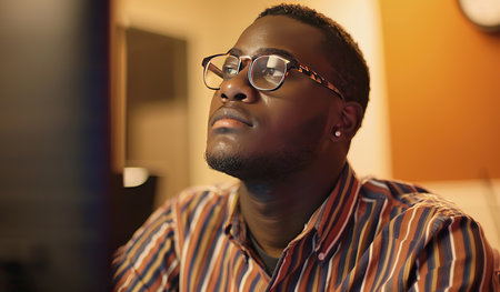 A man with glasses is wearing a striped shirt. He appears to be standing or sitting in a location with a clear view. The focus is on his outfit and appearance.の素材