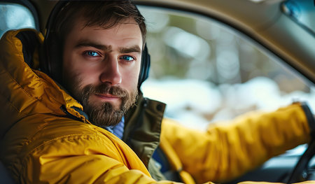 A man wearing headphones is seated in a car, with his hands resting on the steering wheel. The interior of the vehicle is visible, and the man appears focused on something outside the car window.の素材