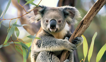 A koala bear is comfortably seated on a tree branch, showing its fluffy fur and round ears. The marsupial looks relaxed and content as it holds onto the branch with its sharp claws.の素材