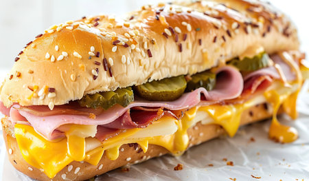 A freshly made sub sandwich filled with layers of ham, cheese, and pickles on soft bread. The sandwich is neatly arranged and ready to be enjoyed as a delicious meal.の素材