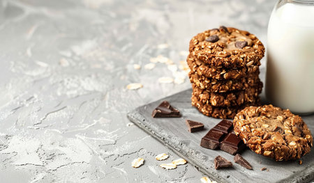 A tray with a glass of milk and some cookies neatly arranged on it. The glass is filled with white milk, and the cookies are round and chocolate chip. The tray is on a flat surface, with no other items visible in the frame.の素材