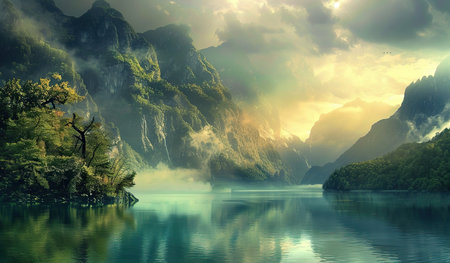 A lake sits peacefully in the foreground, reflecting the towering mountains that encircle it. The clear blue sky above adds depth to the serene scene, capturing a moment of stillness in nature.の素材