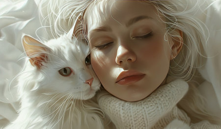 A woman is lying down on a bed while a white cat sits next to her. The woman appears relaxed, and the cat seems calm and content. They both seem to be enjoying each others company in a cozy bedroom setting.の素材
