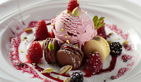 A white plate is featured with a single scoop of creamy vanilla ice cream on top. The dessert sits elegantly on the plate, ready to be enjoyed.の素材