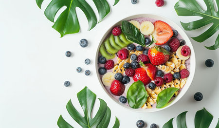 A bowl filled with colorful fruits such as berries, kiwis, bananas, and blueberries mixed with cereal, creating a nutritious and delicious breakfast option.の素材