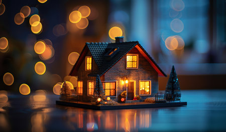 A small house with lights on, placed on top of a wooden table inside a room. The house is glowing, creating a warm and cozy atmosphere in the space.の素材