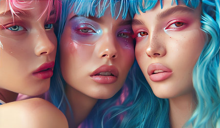 Three women with vibrant blue and pink hair styled in various ways, showing intricate makeup designs with bold colors. They stand together, confidently posing for the camera.の素材
