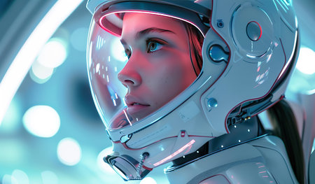 A woman in a space suit wearing a helmet stands confidently, ready for extravehicular activities in space. Her suit is equipped with life support systems, gloves, and boots for protection.の素材