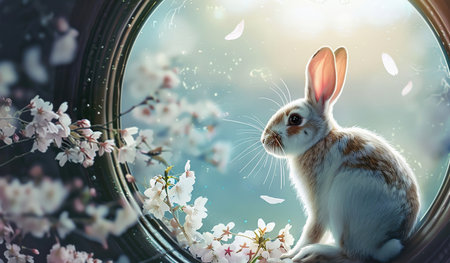 A rabbit is perched comfortably in a circular window, its fluffy fur contrasting against the window frame. The curious animal gazes outwards, ears alert to its surroundings.の素材