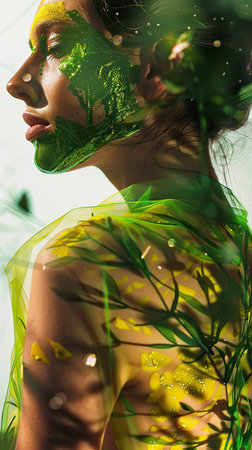 A woman with vibrant green paint smeared across her face, creating a striking and colorful visual. She appears to be in the midst of a creative activity, possibly painting or participating in a festive celebration.の素材