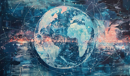 A painting depicting the Earth at the center, encircled by intricate lines and dots, creating a visually captivating network around the planet. The lines and dots symbolize connections, communication, and energy flowing across the globe.の素材