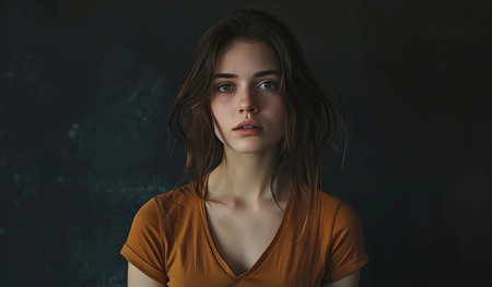A woman wearing an orange shirt stands in a pose, smiling for a picture. Her hands are on her hips, and she gazes directly at the camera, exuding confidence.の素材
