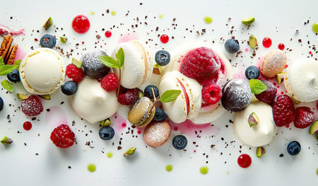 A white plate is shown with a colorful assortment of fruit slices and a scoop of creamy ice cream on top. The fruits include strawberries, blueberries, kiwi, and oranges, creating a tempting and refreshing dessert.の素材
