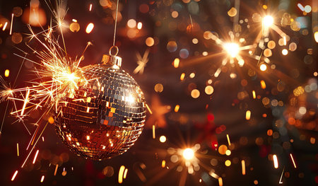 A shiny Christmas ornament is suspended in the air by a string, with a bright glow reflecting off its surface. The ornament appears to be ready for decoration or display, adding a festive touch to the surroundings.の素材