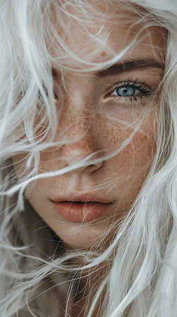 A woman with striking white hair and piercing blue eyes looks directly at the camera. Her features exude a sense of wisdom and experience, framed by the contrast of her hair and eyes.の素材