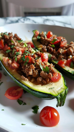 A plate featuring stuffed zucchini filled with a savory mixture of meat and tomatoes, cooked to perfection. The dish is garnished with herbs and spices, creating a delicious and satisfying meal.の素材