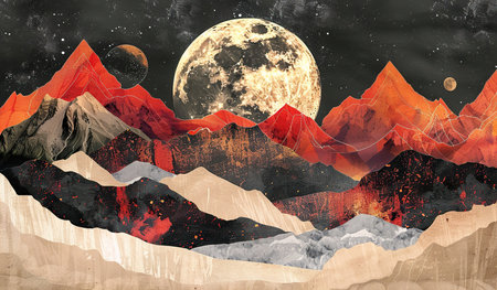 A painting depicting towering mountains under a full moon in the background. The moon shines brightly, casting a soft glow over the rugged peaks and valleys.の素材