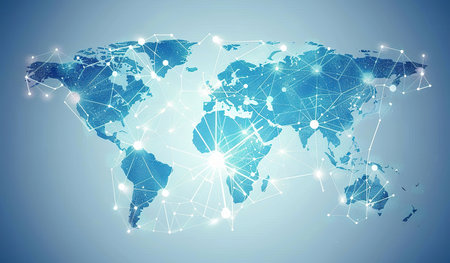 A map of the world displayed on a vibrant blue background, showing continents, countries, oceans, and geographical features in detailed accuracy.の素材