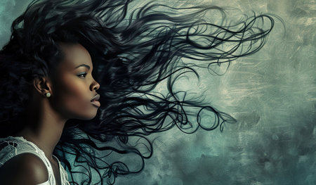 A woman standing outdoors, her hair being blown by the wind. She has a serene expression on her face as she feels the breeze through her hair.の素材