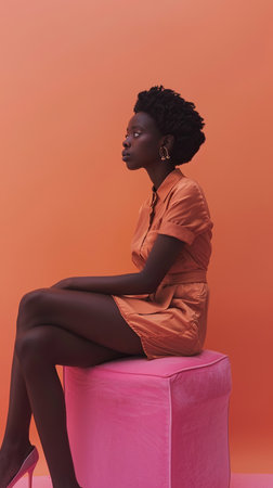 A young woman is seated in profile on a pink cube against a peach-colored backdrop. She appears contemplative, gazing off to the side with her legs crossed at the knees and hands resting gently on her lap. Her short black hair contrasts with the warm tones around her, and her attire consists of a short-sleeved buttoned shirt and shorts.の素材
