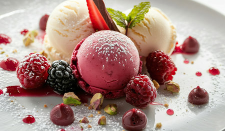 A white plate holds three scoops of ice cream, each neatly stacked on top of the other. The creamy dessert is melting slightly due to the warm temperature, creating a tempting treat best enjoyed quickly.の素材