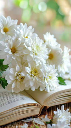 Close-up view of a book lying on a wooden table, adorned with delicate flowers. The books cover is visible, displaying intricate details. The table surface is smooth, complementing the colorful blooms.の素材