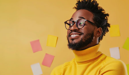 A man wearing glasses and a yellow sweater is standing in the picture. He has a serious expression on his face and his hands are casually in his pockets. The background is simple and undistracting.の素材