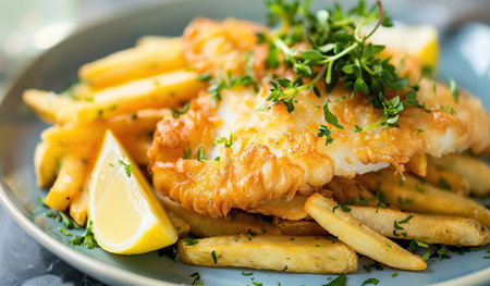 A white plate holding fried fish fillets, crispy fries, and vibrant lemon wedges. The golden-brown fish is topped with salt and pepper, alongside a dollop of tartar sauce.の素材
