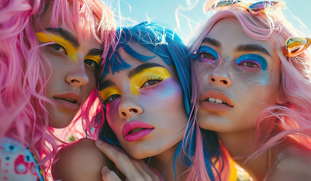 Three women with vibrant pink hair and bold makeup stand together, showing off their unique style. Their colorful hair and makeup contrast against their clothing, creating a visually striking image.の素材